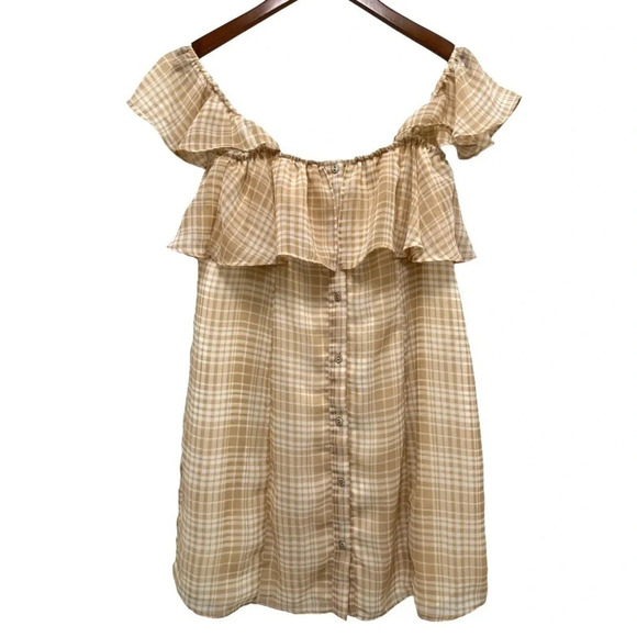 Privacy Please Norval Plaid Ruffle Off-Shoulder Mini Dress Coquette Flowy Chic M - Picture 3 of 11